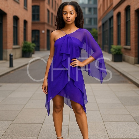 BCBG MAXAZRIA Purple Layered Ruffle One Shoulder Handkerchief Dress Silk Size 4